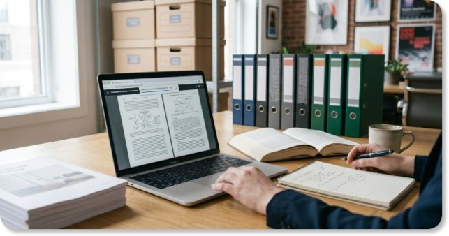 Pracujúci na notebooku s otvoreným PDF dokumentom za pracovným stolom so zakladačmi, otvorenou knihou a poznámkovým blokom.