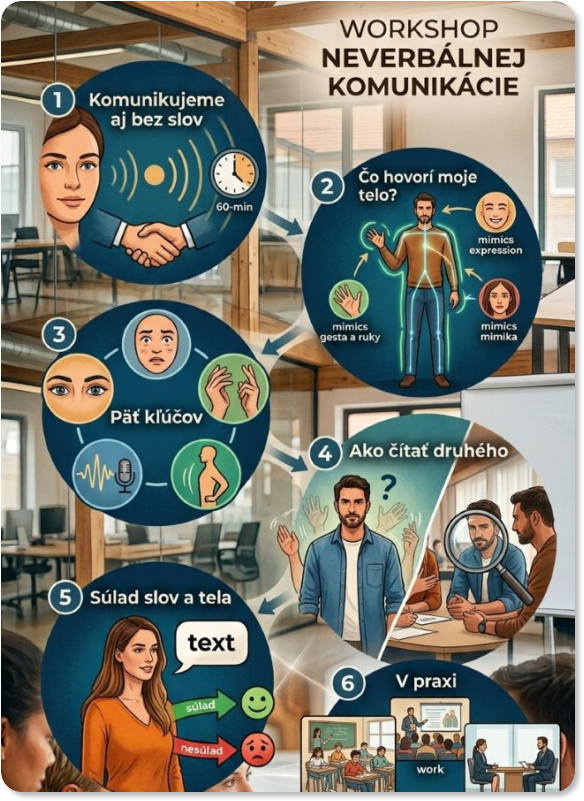 Infografika k Workshopu neverbálnej komunikácie zobrazujúca 6 krokov: reč tela, mimiku, gestá, čítanie druhých, súlad slov a tela a využitie v praxi.
