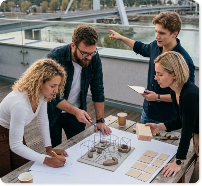Mladý tím ľudí spolupracuje pri stole na návrhu a modeli projektu počas workshopu ProArt Agency.