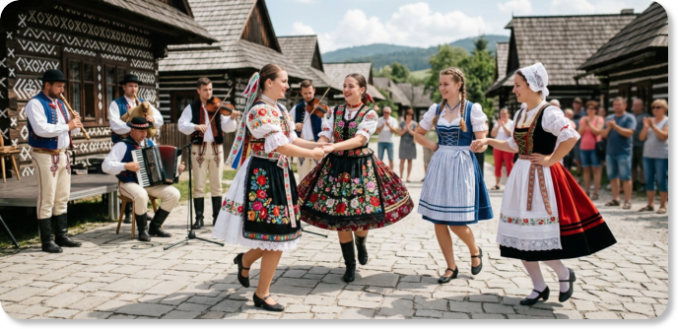 Pohľad na tanečnice v zdobených ľudových krojoch tancujúce v kruhu za sprievodu ľudovej hudby.