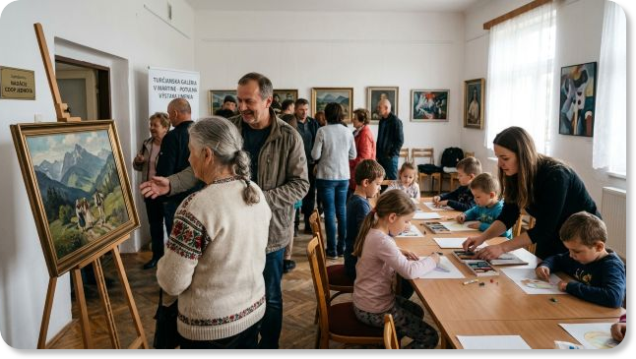 Návštevníci si pozerajú obraz na maliarskom stojane v galérii, zatiaľ čo deti pri stole maľujú počas tvorivých dielní.